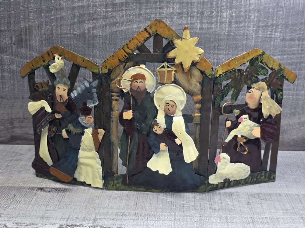 Christmas Nativity Triptych 3 Panel Metal Tabletop Folk Art Holy Family g64